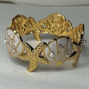 Gold and White Enamel Shell & Starfish Cuff Bracelet